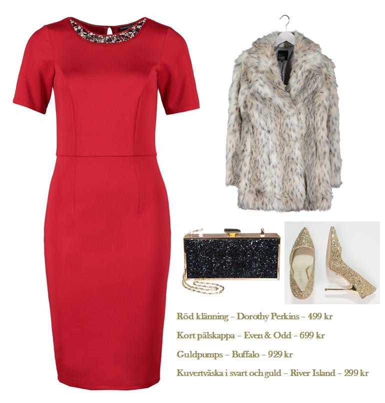 Röd klänning och pälsjacka outfit